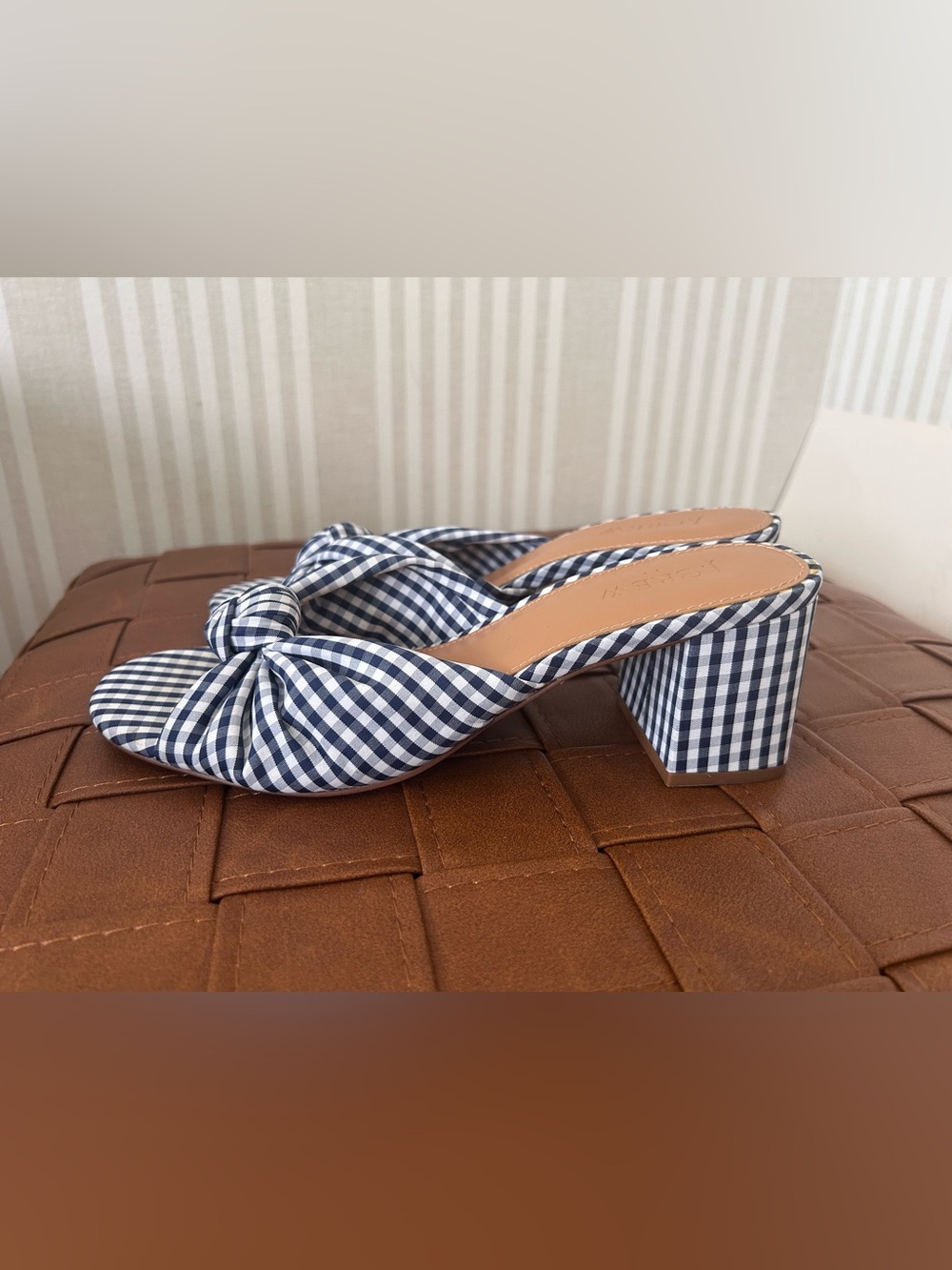 J.Crew Knotted Block-Heel Mule Sandals Gingham Navy/White Fabric Women’s Size 7 - Picture 4 of 11